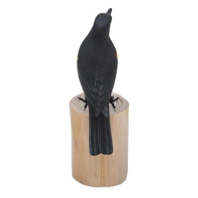 Alternate image for Hand-Carved and Hand-Painted Teak  Suar Wood Bird Statuette The Red-Winged Blackbird