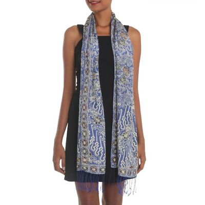 Alternate image for Batik Silk Shawl with Indigo Floral Motifs from Bali Alluring Lily in Indigo