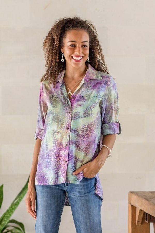 Alternate image for Roll-Tab Sleeve Button Front Batik Rayon Blouse Rainbow Bubbles