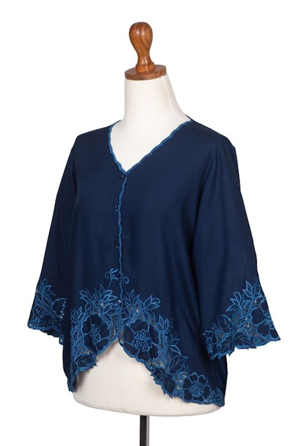 Alternate image for Blue Rayon Embroidered Floral Blouse Azure Blossom