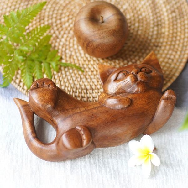 Alternate image for Balinese Signed Hand Carved Cat Sculpture in Wood Naughty Kitty