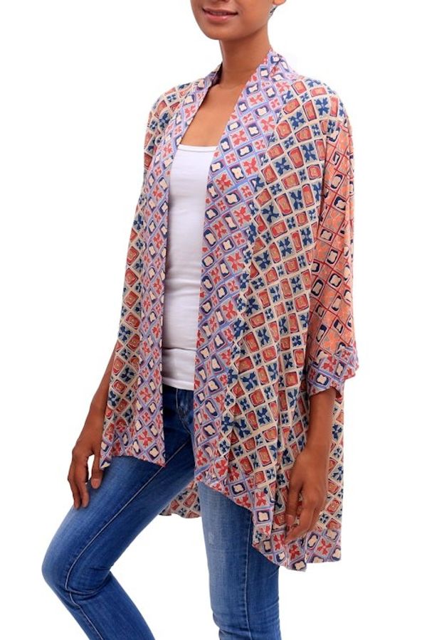 Alternate image for Chili and Azure Printed Rayon Kimono from Bali Kelud Crisscross