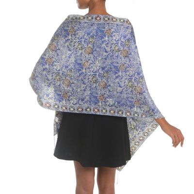 Alternate image for Batik Silk Shawl with Indigo Floral Motifs from Bali Alluring Lily in Indigo