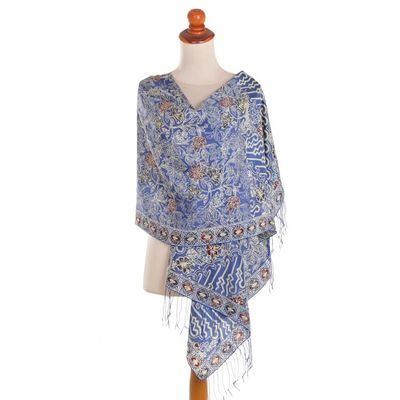 Alternate image for Batik Silk Shawl with Indigo Floral Motifs from Bali Alluring Lily in Indigo