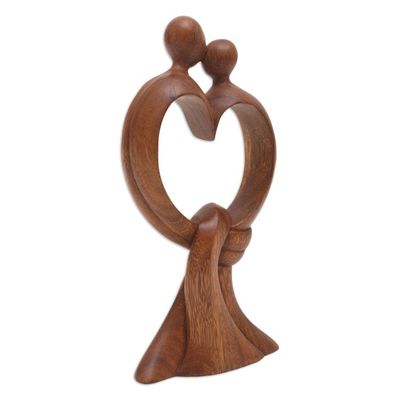 Alternate image for Hand-Carved Suar Wood Sculpture with Modern Loving Couple Love Bond