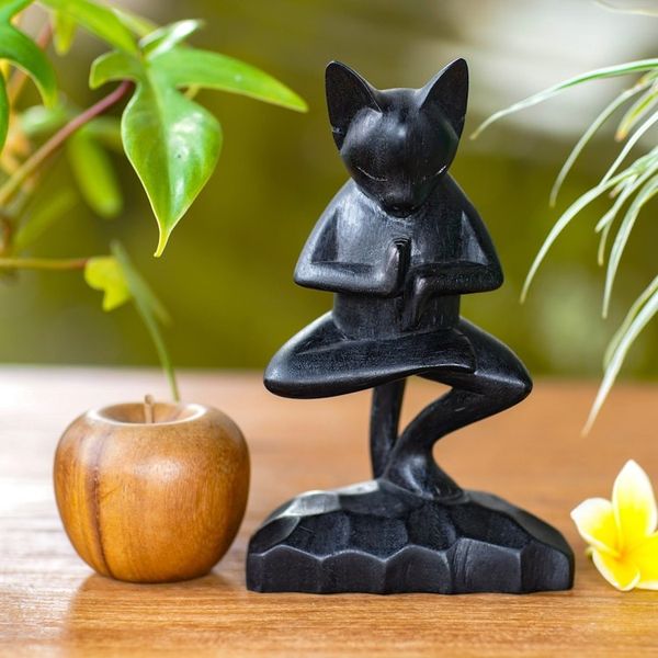Alternate image for Unique Wood Sculpture of Black Cat in Yoga Pose Vrkasana Black Cat