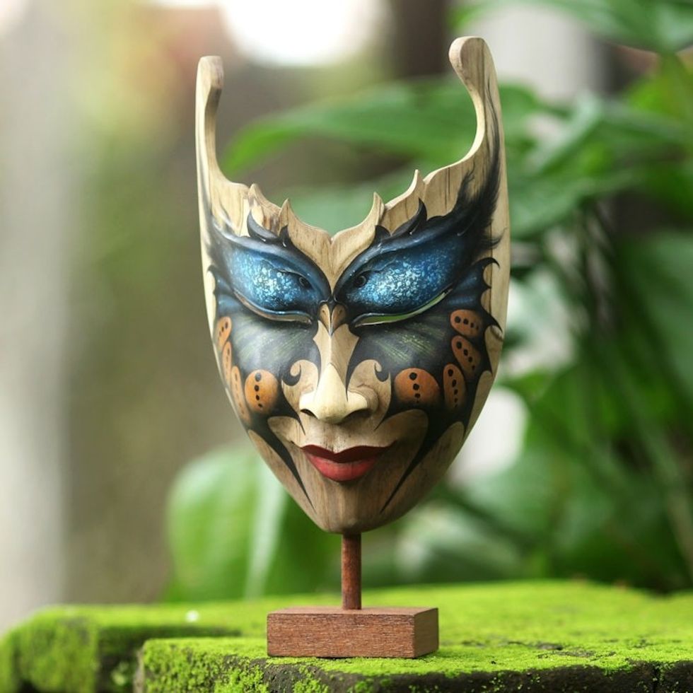 Butterfly Theme Balinese Hibiscus Wood Mask 'Queen of the Butterflies'