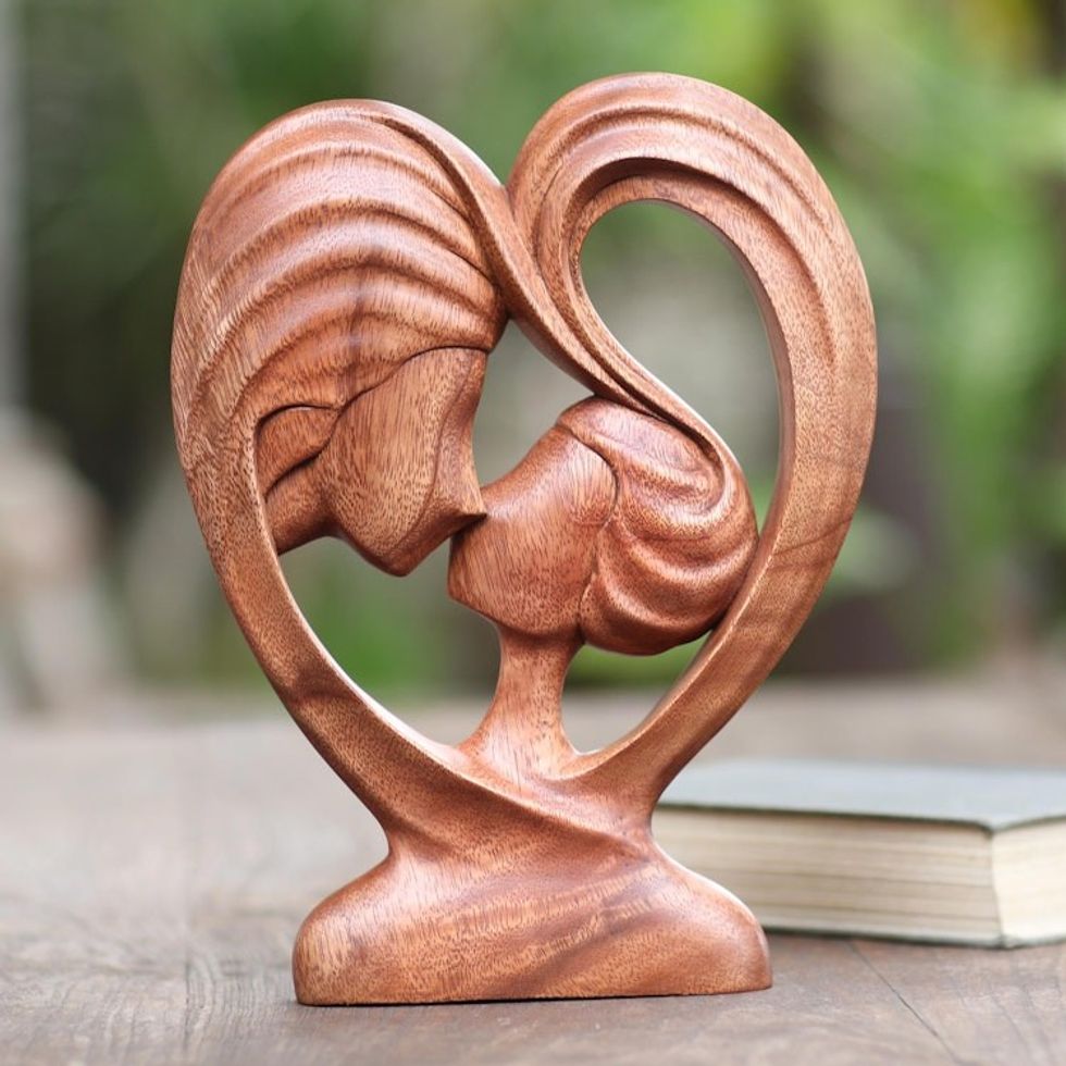 Hand Carved Romantic Suar Wood Sculpture 'Heart's Kiss'