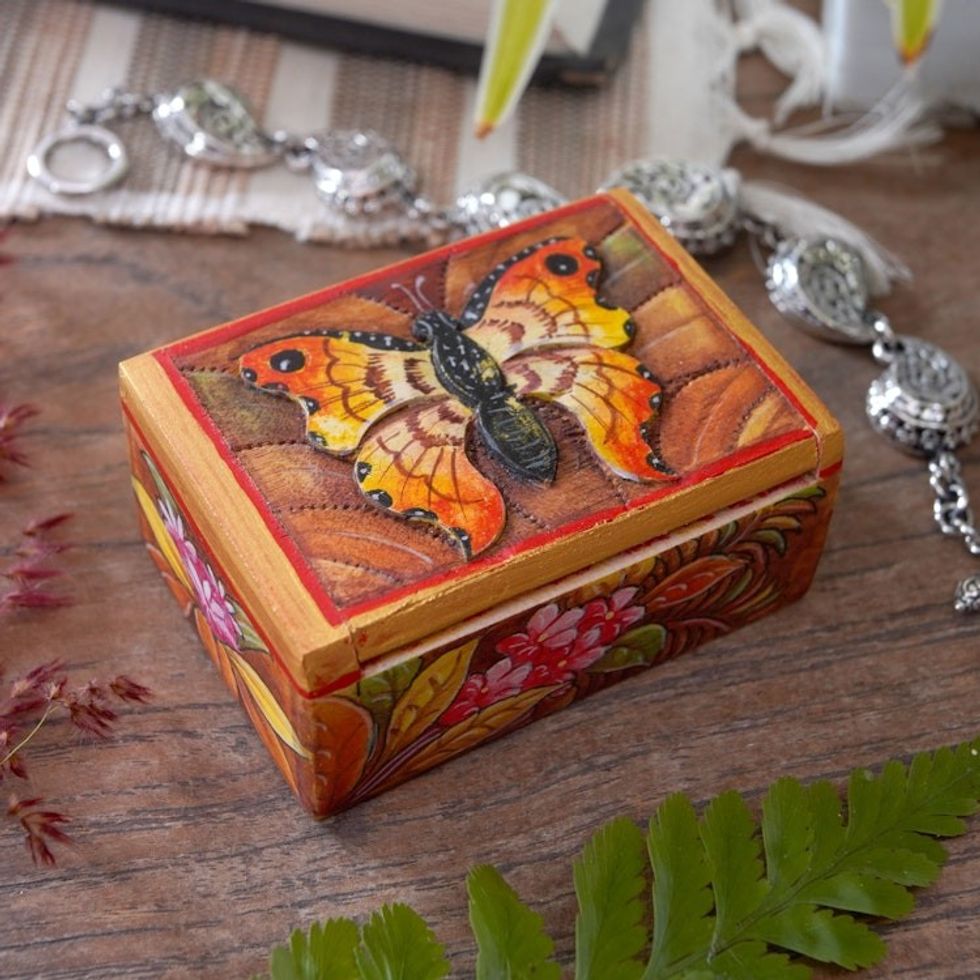 Hand Painted Mini Jewelry Box with Butterfly Motif 'Butterfly Paradise'