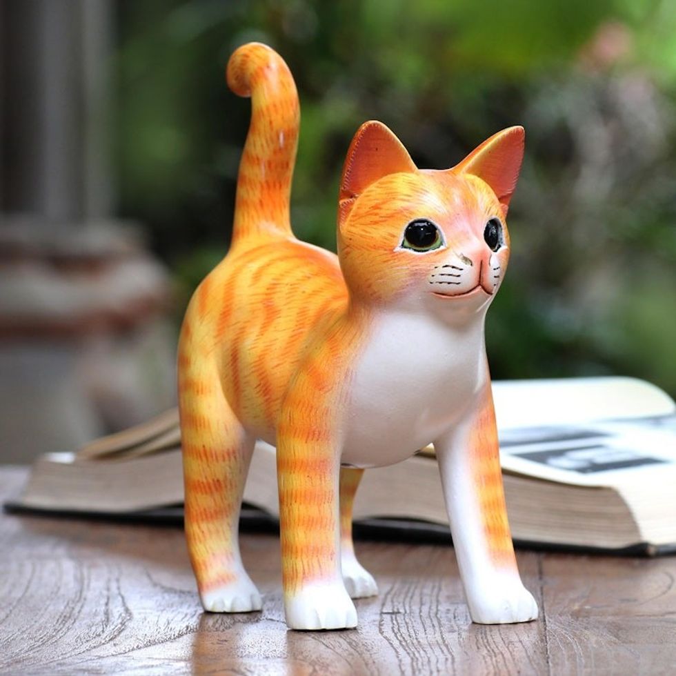 Wood Standing Cat Sculpture in Orange and White from Bali 'Curious Kitten in Orange'