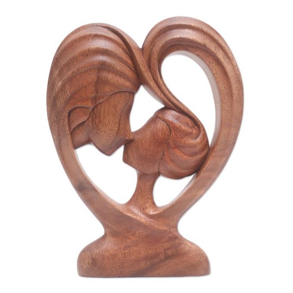 Alternate image for Hand Carved Romantic Suar Wood Sculpture Hearts Kiss