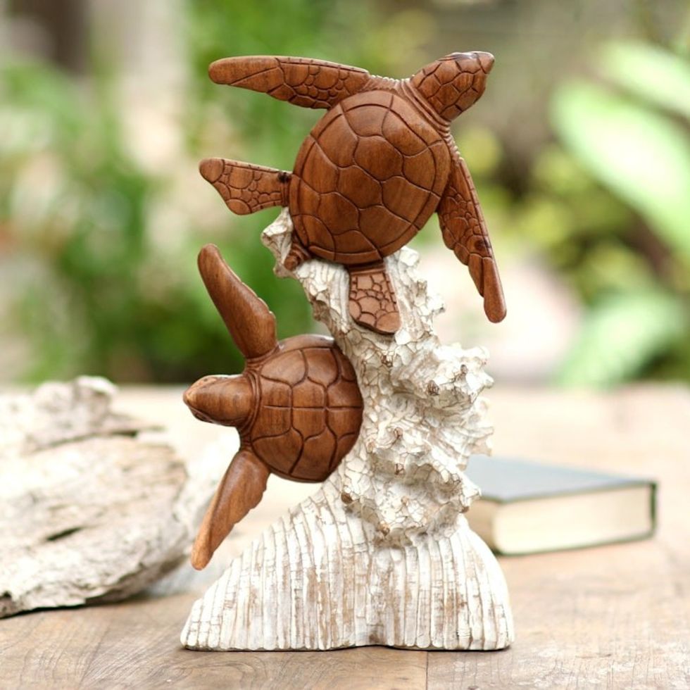 Handmade Suar Wood Turtle Sculpture from Bali 'Turtles and Coral'