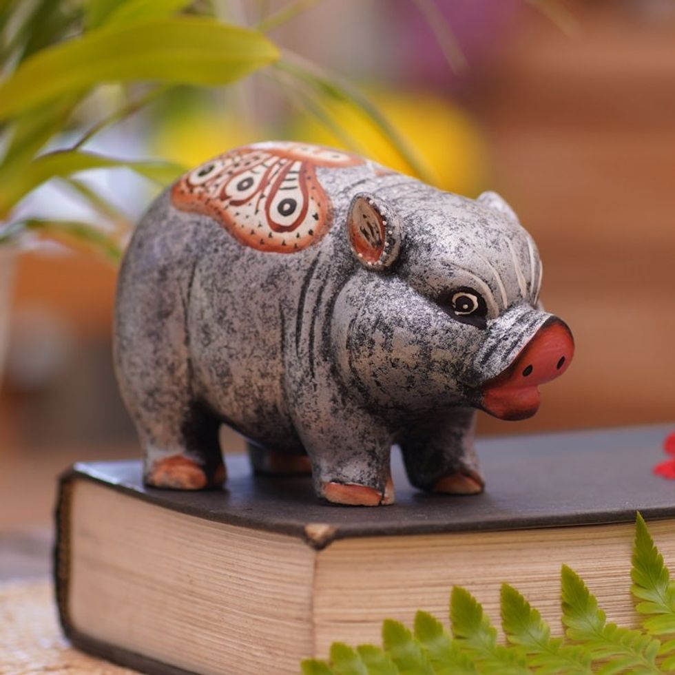 Hand Carved Suar Wood Pig Statuette 'Chubby Swine'