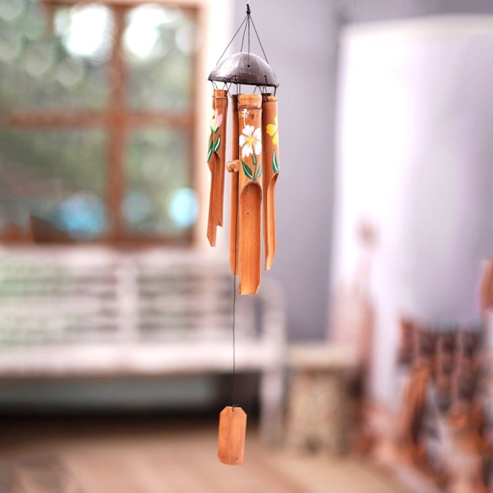 Hand-Crafted Bamboo Wind Chime with Floral Motifs from Bali 'Blooming Bamboo'