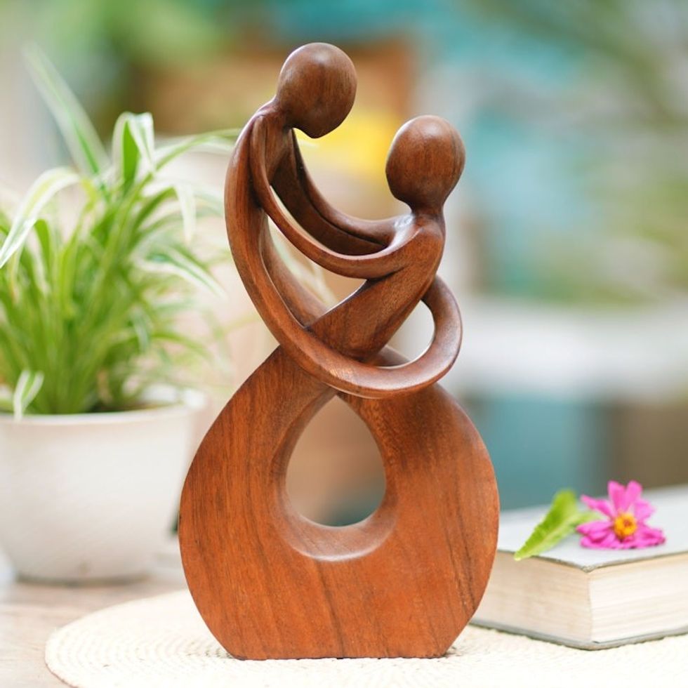 Hand Carved Romantic Wood Sculpture 'Honeymoon Dance'