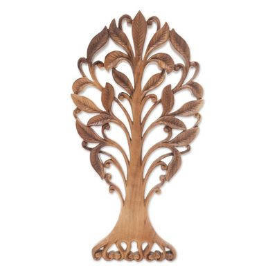 Alternate image for Hand-Carved Suar Wood Relief Panel of a Leafy Tree from Bali Ethereal Leaves