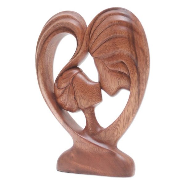 Alternate image for Hand Carved Romantic Suar Wood Sculpture Hearts Kiss