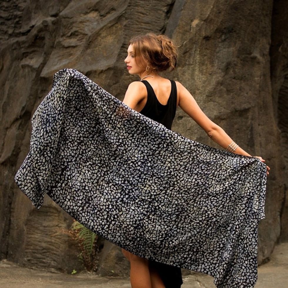 Black and Gray Woven Rayon Shawl from Bali Artisan 'Borneo Slate'