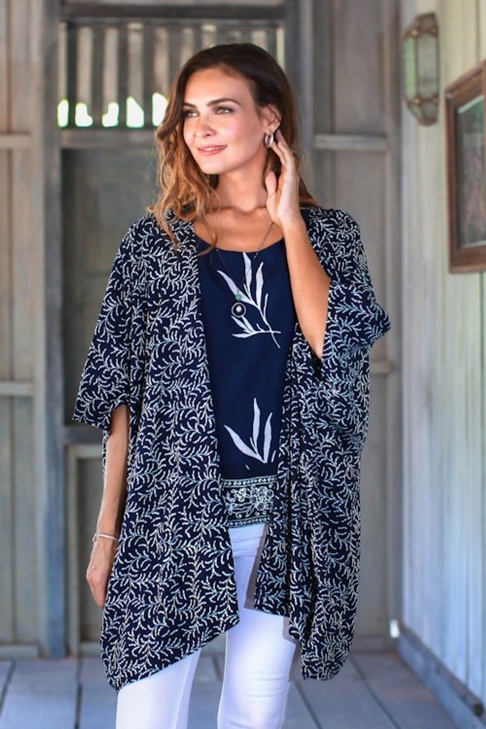 Batik Rayon Kimono Jacket in Midnight and White from Bali 'Many Leaves'