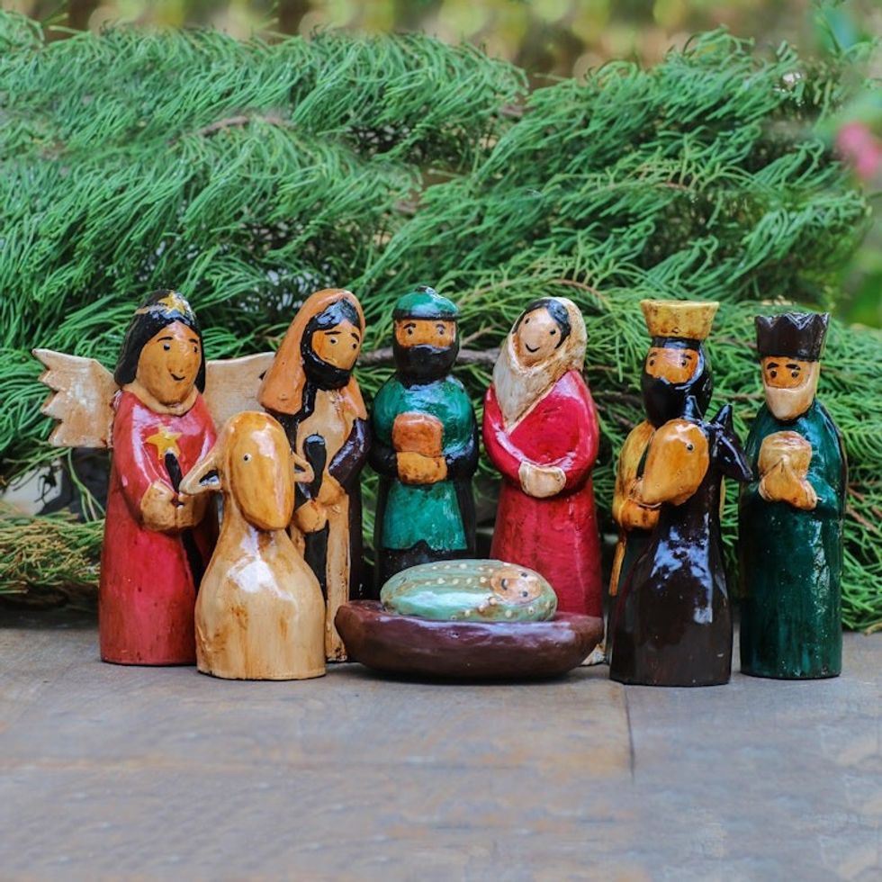 Handmade Wood Nativity Scene 9 Pieces 'Christ was Born'