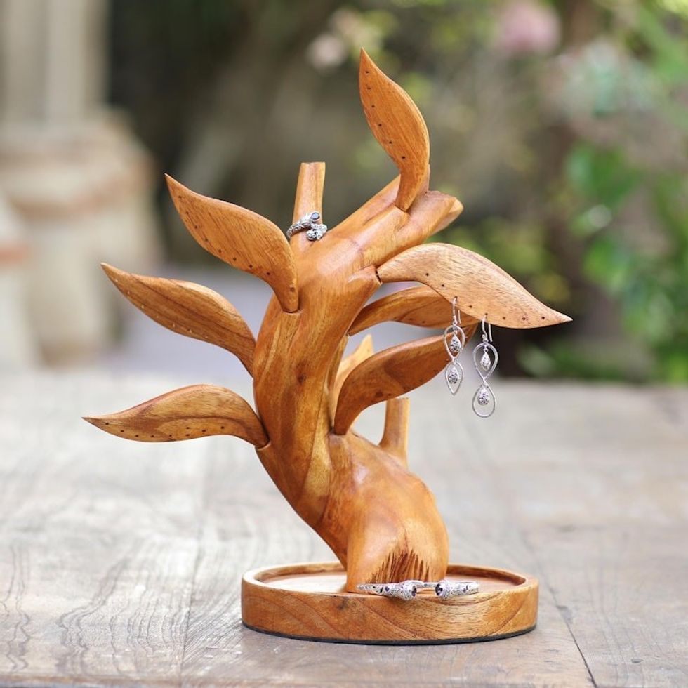 Hand Carved Wood Tree Jewelry Stand 'Giving Tree'