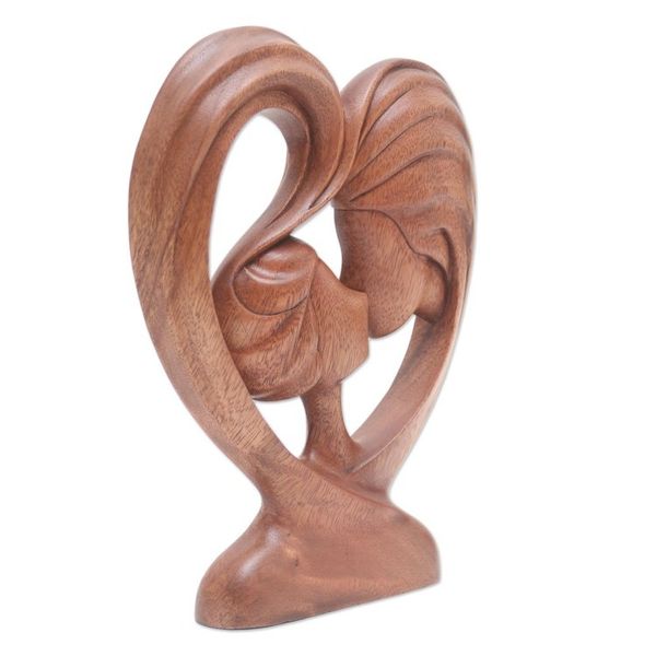 Alternate image for Hand Carved Romantic Suar Wood Sculpture Hearts Kiss