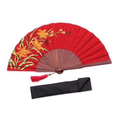 Alternate image for Floral Embroidered Silk Hand Fan in Crimson from Bali Lily Garden