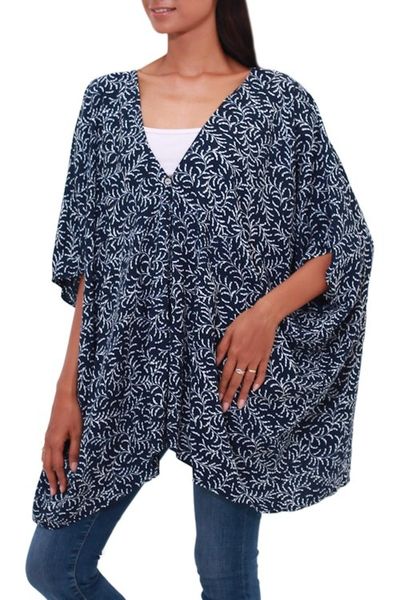 Alternate image for Batik Rayon Kimono Jacket in Midnight and White from Bali Many Leaves