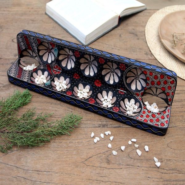 Alternate image for Batik Wood Mancala Board Game Handcrafted Cunning Multicolor Flowers