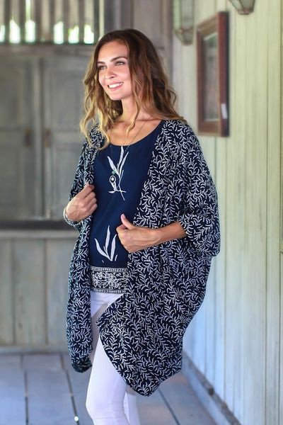 Alternate image for Batik Rayon Kimono Jacket in Midnight and White from Bali Many Leaves