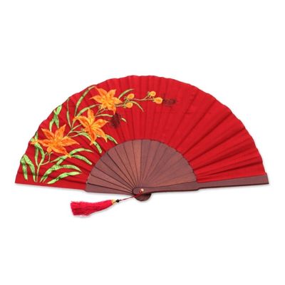 Alternate image for Floral Embroidered Silk Hand Fan in Crimson from Bali Lily Garden