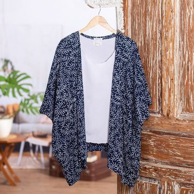 Alternate image for Batik Rayon Kimono Jacket in Midnight and White from Bali Many Leaves