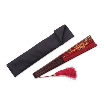 Alternate image for Floral Embroidered Silk Hand Fan in Crimson from Bali Lily Garden