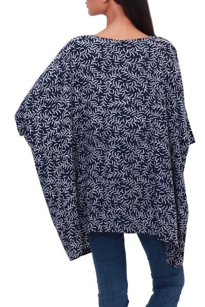 Alternate image for Batik Rayon Kimono Jacket in Midnight and White from Bali Many Leaves