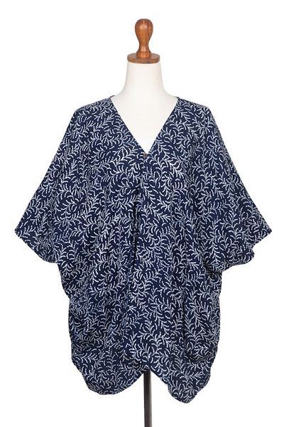 Alternate image for Batik Rayon Kimono Jacket in Midnight and White from Bali Many Leaves