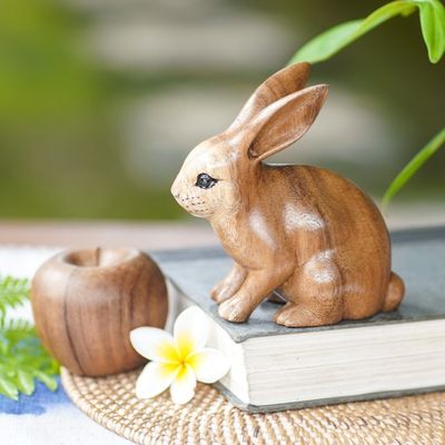 Alternate image for Fair Trade Hand Carved Wooden Rabbit Statuette Cute Ginger Rabbit