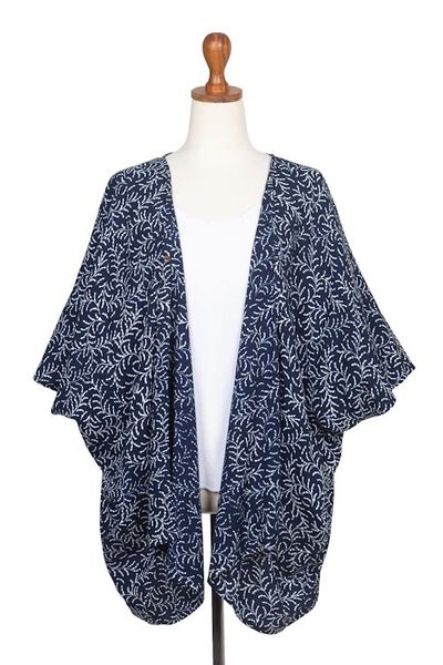 Alternate image for Batik Rayon Kimono Jacket in Midnight and White from Bali Many Leaves