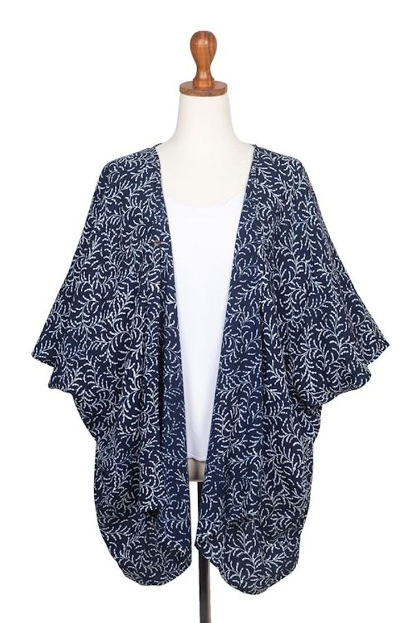 Alternate image for Batik Rayon Kimono Jacket in Midnight and White from Bali Many Leaves