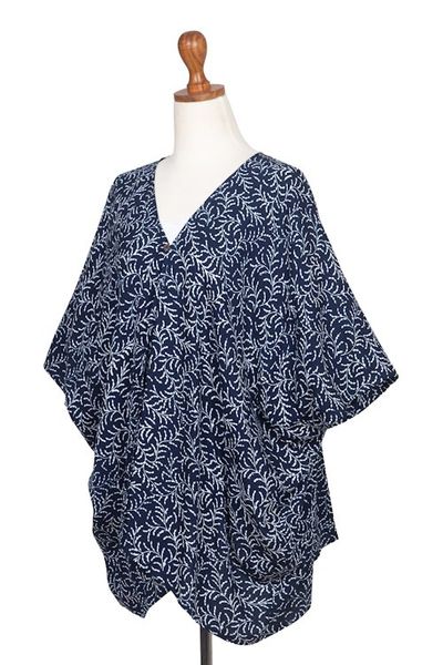 Alternate image for Batik Rayon Kimono Jacket in Midnight and White from Bali Many Leaves