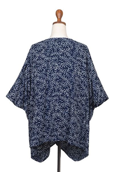 Alternate image for Batik Rayon Kimono Jacket in Midnight and White from Bali Many Leaves