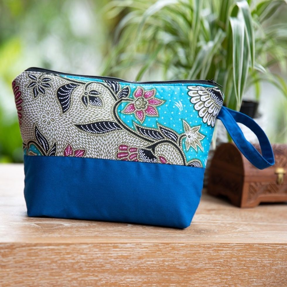 Handcrafted Cotton Cosmetic Bag in Blue with Batik Pattern 'Flowering Blue'