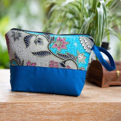 Alternate image for Handcrafted Cotton Cosmetic Bag in Blue with Batik Pattern Flowering Blue