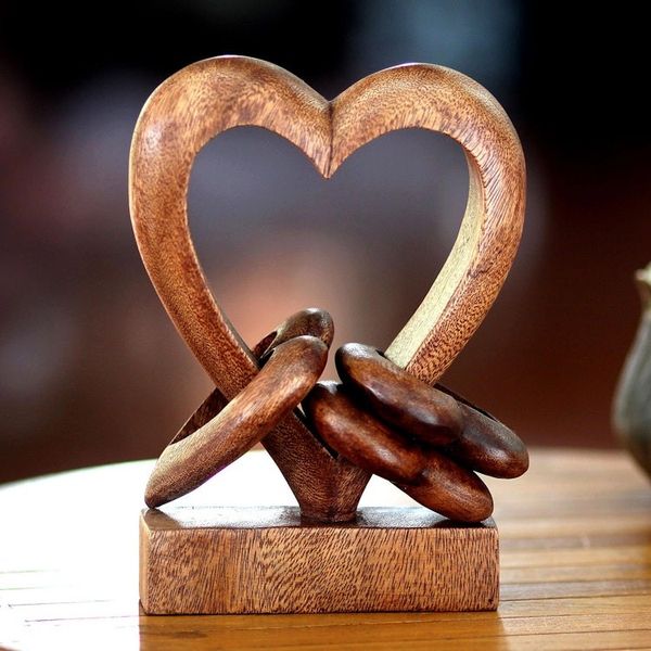 Alternate image for Hand Carved Suar Wood Romantic Sculpture Heart Power