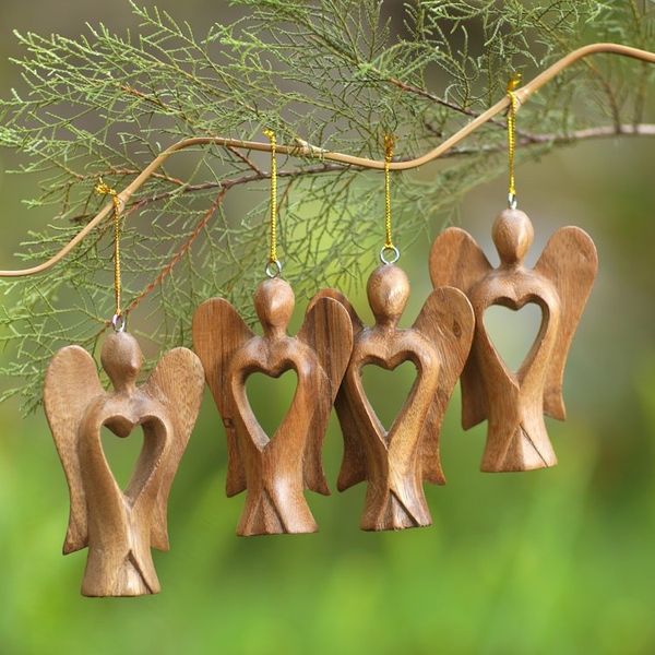 Alternate image for Set of 4 Hand-Carved Suar Wood Fairy Ornaments with Hearts Fairy Hearts