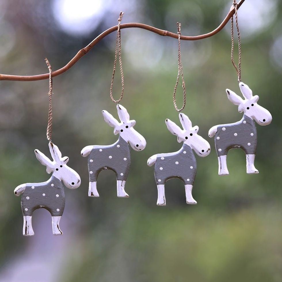 Wood Goat Ornaments in Grey from Bali Set of 4 'Winter Goats in Grey'