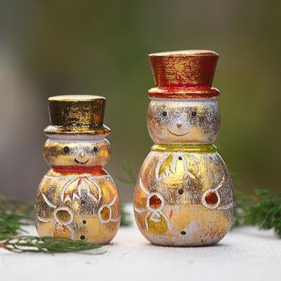 Alternate image for Distressed Gold-Tone Wood Snowman Holiday Decor Pair Smiling Snowmen
