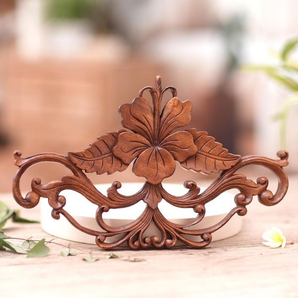 Alternate image for Unique Floral Wood Relief Panel from Indonesia Hibiscus
