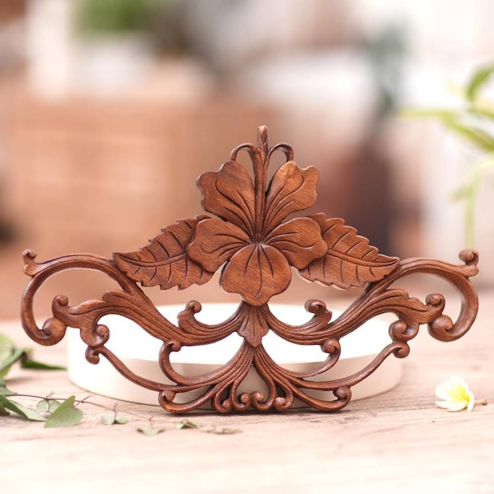 Unique Floral Wood Relief Panel from Indonesia 'Hibiscus'