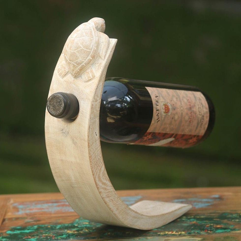 Wood Bottle Holder with White Finish and Turtle Motif 'White Turtle'