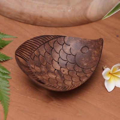 Alternate image for Aquatic Coconut Shell Soap Holder Hand Carved in Bali Fabulous Fish